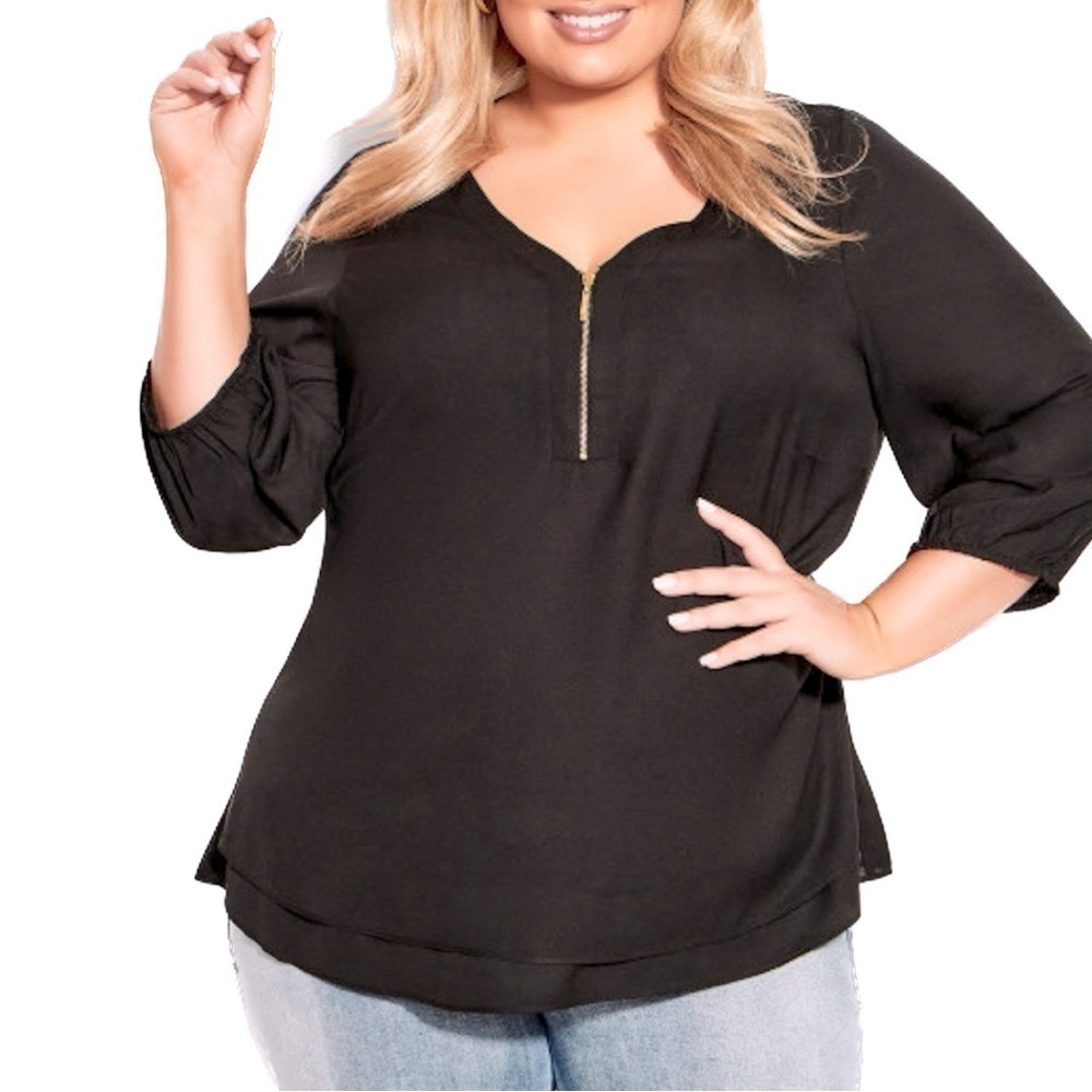 AVENUE Black Meila Zip 3/4 Sleeve Top BD01.5